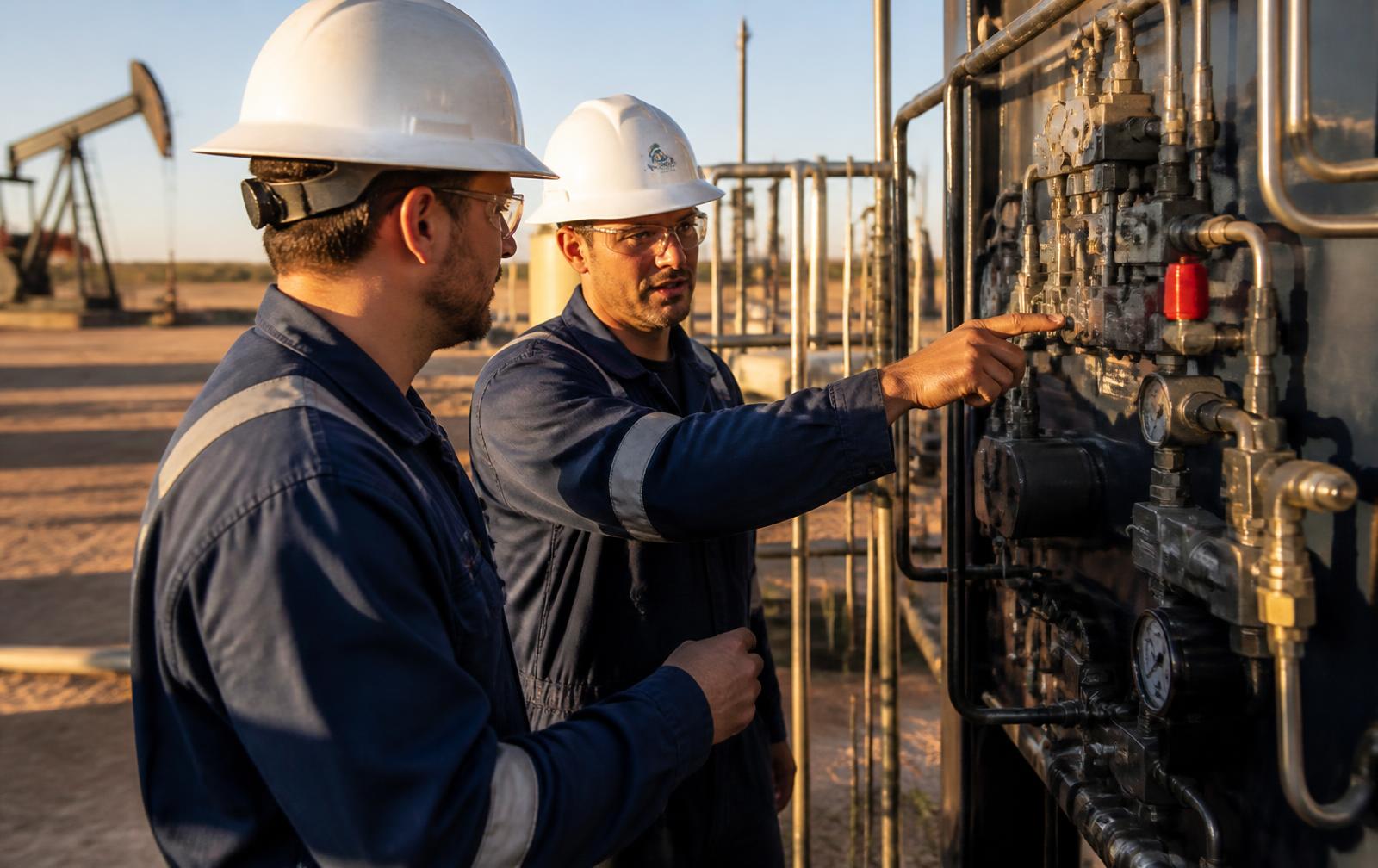 Service engineers commissioning equipment at a wellsite