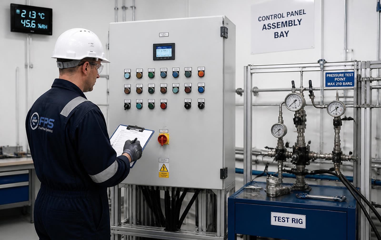 Technician performing pressure testing on a control panel in the assembly bay